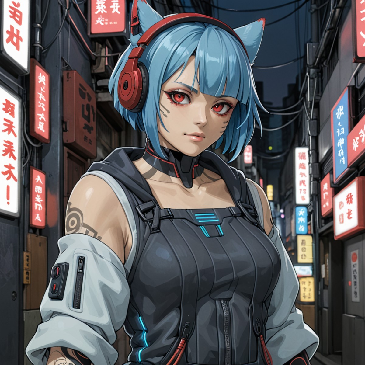 ukiyo-e woodblock of an  cyberpunk 30 year old woman red eyes and blue hair, headphone, wearing cyberpunk outfit overall
